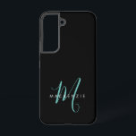 Funda Para Samsung Galaxy S22 Monograma elegante de escritura Verde azulada negr<br><div class="desc">Elegante estuche de teléfono monograma moderno con escritura Verde azulada negra. Un elegante monograma verde azulado combinado con una limpia fuente san-serif en blanco le da un aspecto contemporáneo.</div>