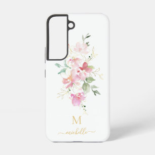 Funda Para Samsung Galaxy S22 Monograma Elegante de Floral Rosa con Letra Dorada