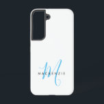 Funda Para Samsung Galaxy S22 Monograma elegante moderno blanco cielo azul escri<br><div class="desc">Funda de teléfono con monograma elegante moderno blanco cielo azul escritura. Un monograma elegante de escritura en azul cielo combinado con una fuente limpia sans-serif negra da un aspecto contemporáneo.</div>