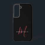 Funda Para Samsung Galaxy S22 Monograma elegante moderno de escritura roja negra<br><div class="desc">Elegante estuche de teléfono monograma moderno de escritura roja negra. Un elegante monograma de escritura rojo combinado con una limpia fuente san-serif en blanco le da un aspecto contemporáneo.</div>