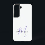 Funda Para Samsung Galaxy S22 Monograma elegante moderno en escritura lavanda bl<br><div class="desc">Funda de teléfono con monograma elegante moderno en escritura lavanda blanca. Un monograma elegante en escritura lavanda combinado con una fuente sans-serif negra limpia da un aspecto contemporáneo.</div>