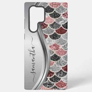Funda Para Samsung Galaxy S22 Ultra Monograma Escala de Sirena Brillo Rosa Plata Nombr