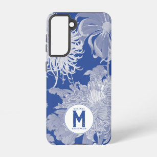 Funda Para Samsung Galaxy S21 Monograma floral Chinoiserie azul blanco