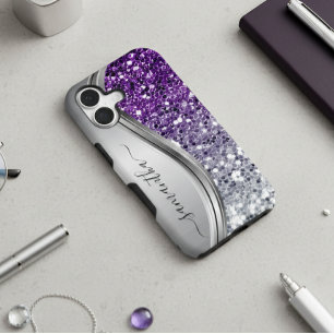 Funda Para Samsung Galaxy S22 Monograma Manuscrita Purpura Brillo de Plata