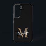 Funda Para Samsung Galaxy S22 Monograma moderno de oro negro Nombre de guión fem<br><div class="desc">Moderno Monograma de Oro Negro Feminine Script Name Estuche de teléfono. Personalice fácilmente este moderno y elegante estuche de teléfono con su monograma y nombre personalizado.</div>