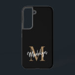 Funda Para Samsung Galaxy S22 Monograma moderno de oro negro Nombre de guión fem<br><div class="desc">Moderno Monograma de Oro Negro Feminine Script Name Estuche de teléfono. Personalice fácilmente este moderno y elegante estuche de teléfono con su monograma y nombre personalizado.</div>