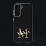 Funda Para Samsung Galaxy S21 Monograma moderno de oro negro Nombre de guión fem<br><div class="desc">Moderno Monograma de Oro Negro Feminine Script Name Estuche de teléfono. Personalice fácilmente este moderno y elegante estuche de teléfono con su monograma y nombre personalizado.</div>