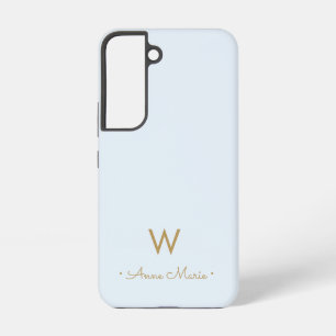 Funda Para Samsung Galaxy S22 Monograma moderno en guión dorado azul polvoriento