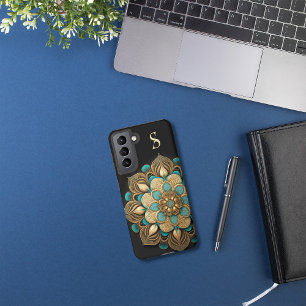 Funda Para Samsung Galaxy S21 Monograma negro con flores de color turquesa dorad