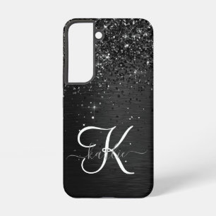 Funda Para Samsung Galaxy S22 Monograma personalizada de purpurina negra