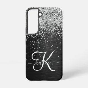 Funda Para Samsung Galaxy S22 Monograma personalizada de purpurina plateada negr