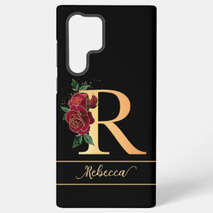 Funda Para Samsung Galaxy S22 Ultra Monograma R dorado nombre personalizado rosas roja