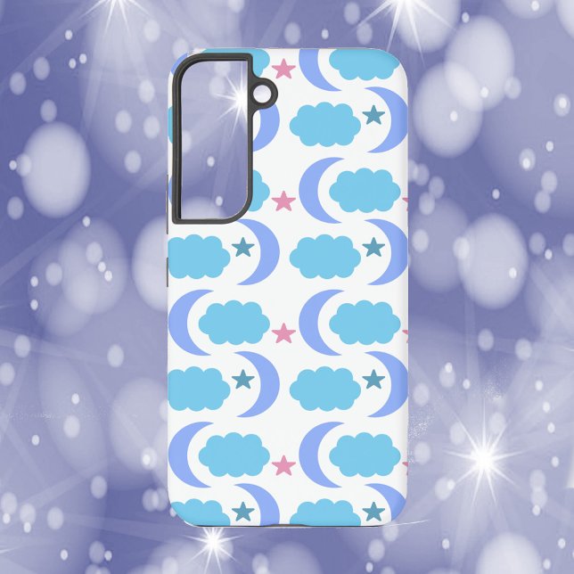 Funda Para Samsung Galaxy Moon Cloud Stars Blue Purple Pink (A phone case with a pattern of moons, stars and clouds in blue, purple & pink.)