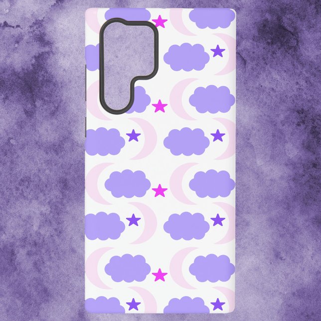 Funda Para Samsung Galaxy Moon, Stars and Clouds Pattern Pink and Purple (A phone case with a pattern of pink and purple moons, clouds and stars)