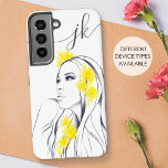 Funda Para Samsung Galaxy S22 Mujer Flores Amarillas Moda Elegante Monograma<br><div class="desc">Este diseño de estuches de bonito fue creado usando el ilustracion de moda minimalista dibujado a mano de una mujer hermosa con flores amarillas abstractas en su cabello. Moda y regalo artístico para todo aquel que ame el arte y la belleza; para maquilladores, estilistas de cabello, esteticistas. ・ Personalízalo con...</div>