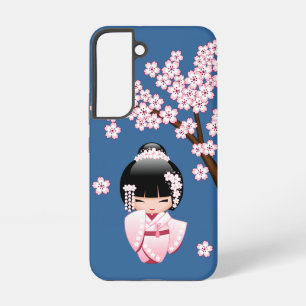 Funda Para Samsung Galaxy S22 Muñeca Kokeshi Kawaii de Kimono Rosa sobre Azul