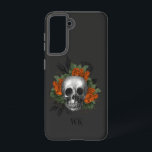 Funda Para Samsung Galaxy S21 Naranja gótico vintage Rosas Monograma de cráneo<br><div class="desc">Estuche caprichoso vintage de teléfono gótico con rosas naranjas en el cráneo.</div>