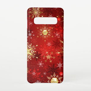 Funda Para Samsung Galaxy S10 Navidades Copos de nieve dorados con fondo rojo