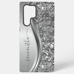 Funda Para Samsung Galaxy S22 Ultra Nombre Escrito a Mano Metal Plateado Brillo Falso