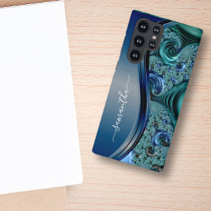 Funda Para Samsung Galaxy S22 Ultra Nombre Manuscrito Azul Fractal Moderno
