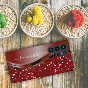 Funda Para Samsung Galaxy S22 Ultra Nombre Manuscrito Glam Rojo Metal Brillante s10