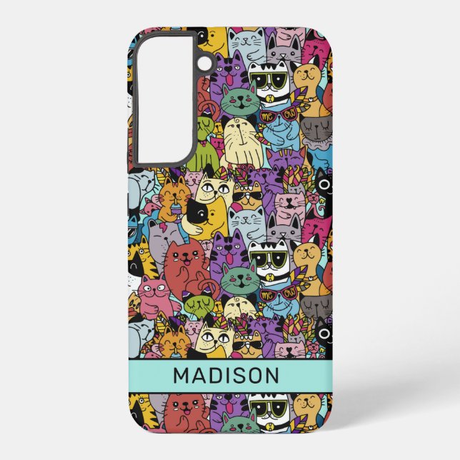 Funda Para Samsung Galaxy Nombre personalizado Ilustracion de gatos divertid (Reverso )