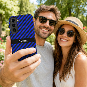 Funda Para Samsung Galaxy S22+ Nombre personalizado Negro y Azul Textura Rayas Di