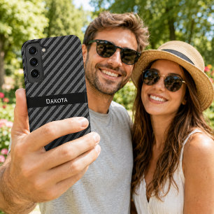 Funda Para Samsung Galaxy S22+ Nombre personalizado negro y gris con rayas diagon