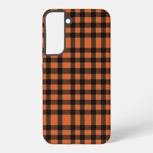 Funda Para Samsung Galaxy Orange and Black Plaid Checkered Pattern (Reverso )