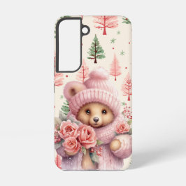 FUNDA PARA SAMSUNG GALAXY S22 OSO DE PELUCHE ROSA DE INVIERNO NAVIDEÑO LINDO