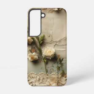 Funda Para Samsung Galaxy S22 Papel envejecido con motivo de flor rústica blanca