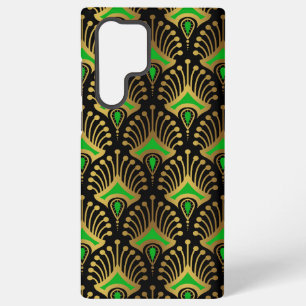 Funda Para Samsung Galaxy S22 Ultra Patrón Art Déco dorado y verde sobre negro 