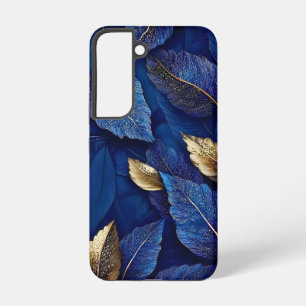 Funda Para Samsung Galaxy S22 Patrón Botánico de Hoja en Azul Marino y Dorado