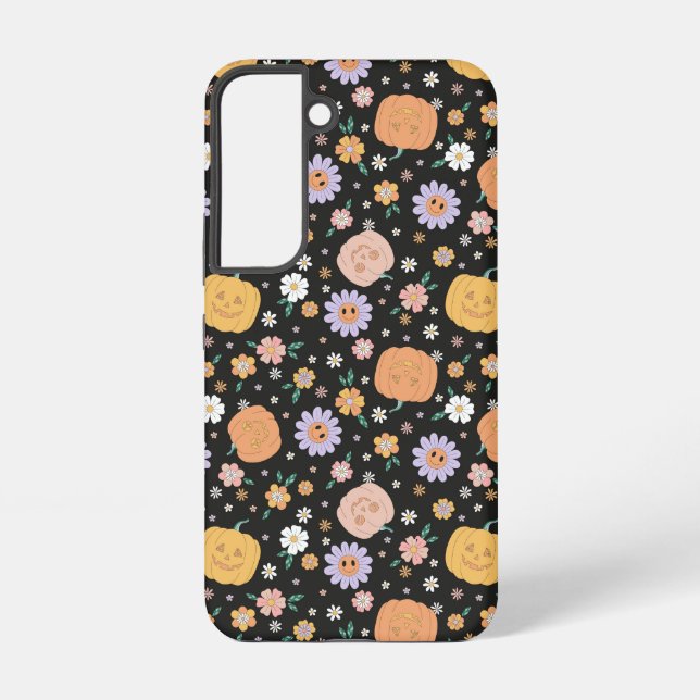 Funda Para Samsung Galaxy Patrón de calabazas y flores de Halloween retro (Reverso )