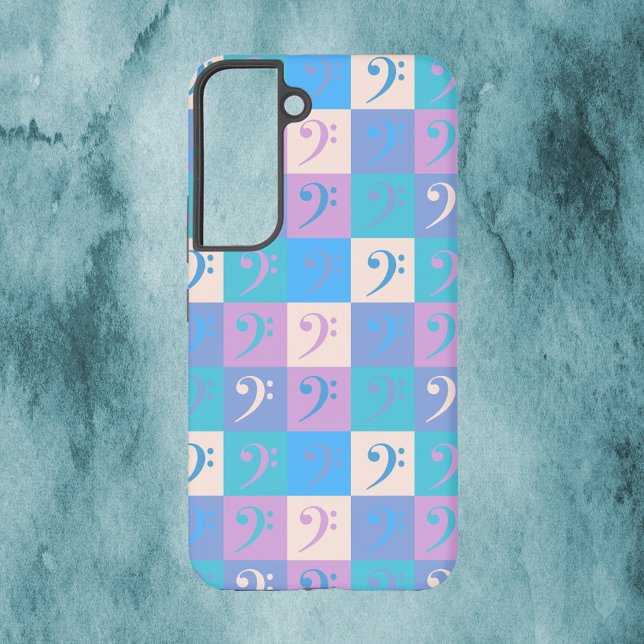 Funda Para Samsung Galaxy Patrón de Clave de Fa Música Pastel (A phone case with a pattern of bass clef symbols in pastel colors.)