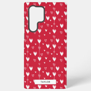 Funda Para Samsung Galaxy S22 Ultra Patrón de Corazones Doodle Rojo y Blanco con Nombr
