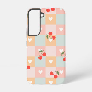 Funda Para Samsung Galaxy S22 Patrón de cuadros de cereza pastel y corazón