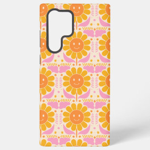 Funda Para Samsung Galaxy S22 Ultra Patrón de Flor de Cara Feliz Amarillo Rosa Retro