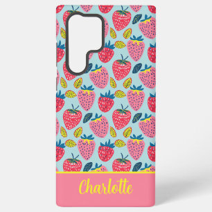 Funda Para Samsung Galaxy S22 Ultra Patrón de Fresa Adorable con Nombre Personalizado 