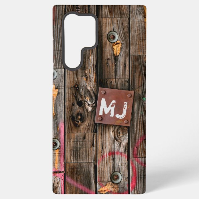Funda Para Samsung Galaxy Patrón de madera rústica industrial monogramada (Reverso )