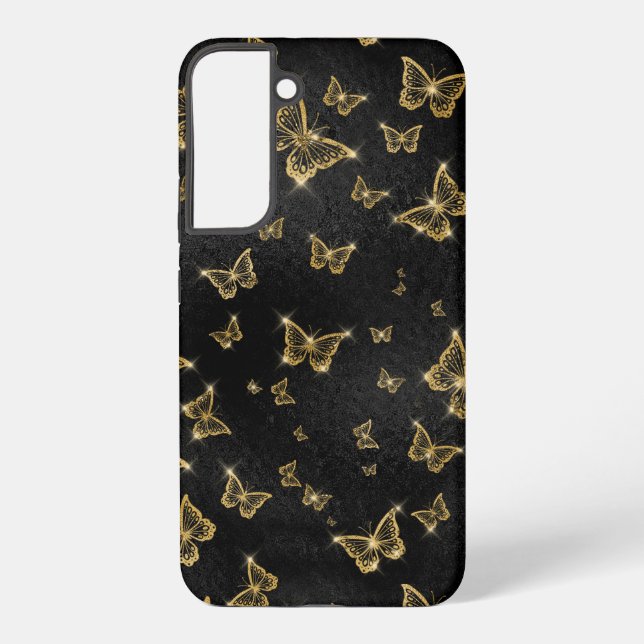 Funda Para Samsung Galaxy Patrón de oro y mariposas negras de vidrio (Reverso )