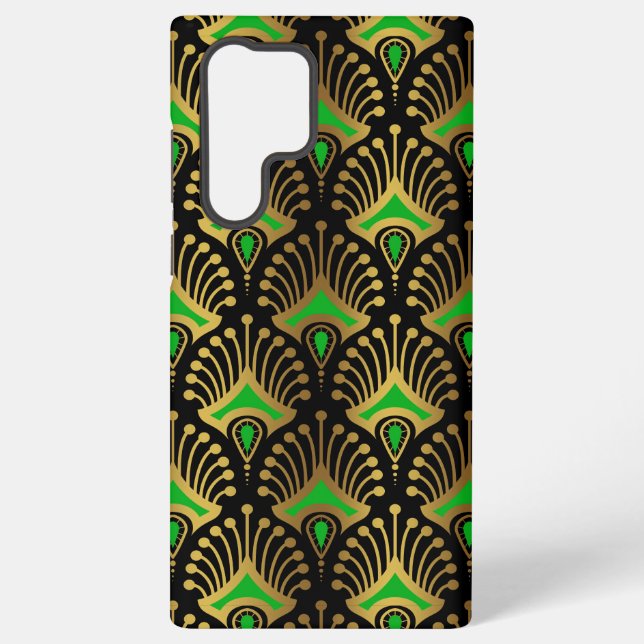 Funda Para Samsung Galaxy Patrón de oro y verde Art Deco sobre negro (Reverso )
