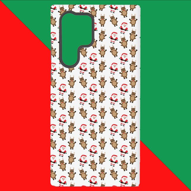 Funda Para Samsung Galaxy Patrón de renos de Santa Navidad Blanco (A phone case with a pattern of santa and silly reindeer)