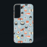 Funda Para Samsung Galaxy S22 Patrón de sushi japonés<br><div class="desc">Sushi japonés,  rollo de maki y nigiri con fondo azul de huevo de pato. Arte original de Nic Squirrell.</div>