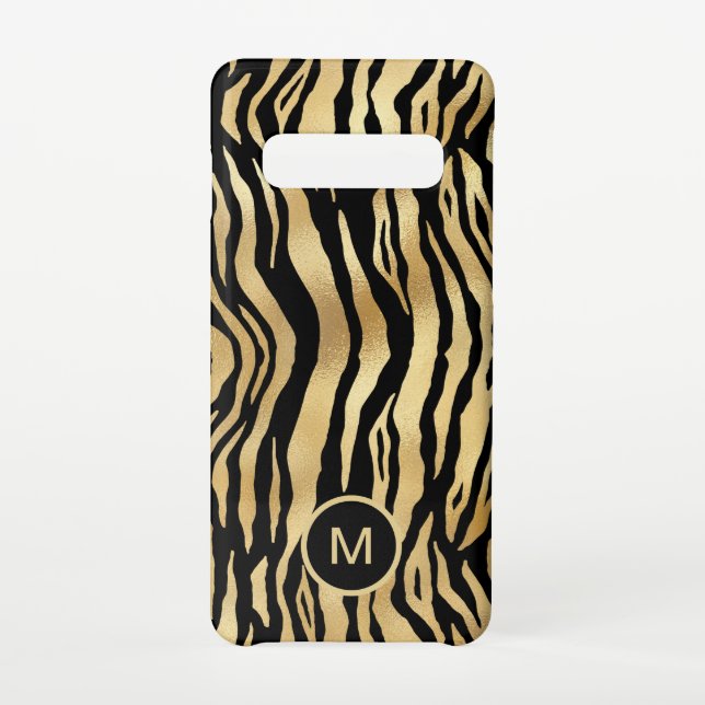 Funda Para Samsung Galaxy Patrón de tira monograma oro inicial negro (Reverso)