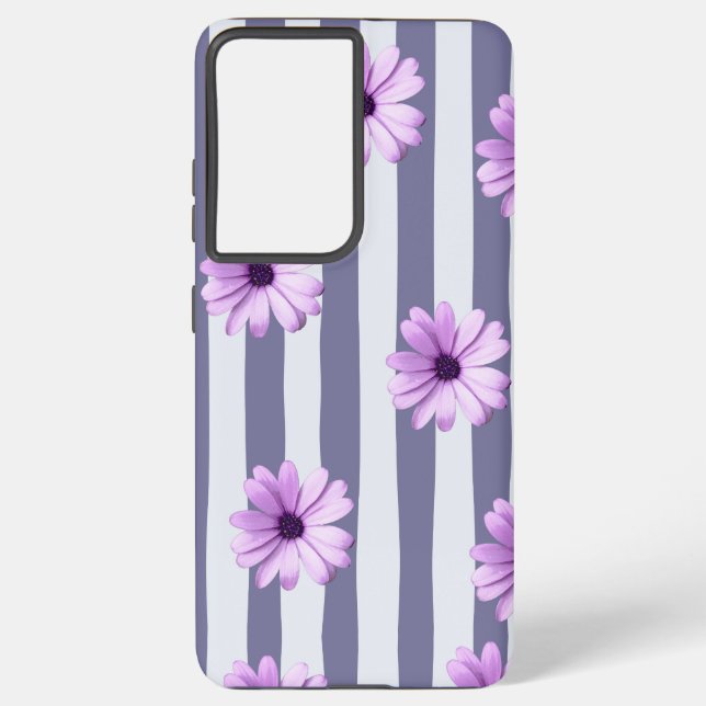 Funda Para Samsung Galaxy patrón rayado con margaritas moradas (Reverso )