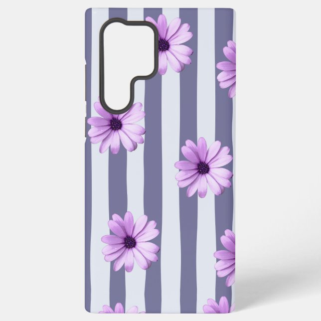 Funda Para Samsung Galaxy patrón rayado con margaritas moradas (Reverso )
