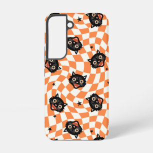 Funda Para Samsung Galaxy S22 Patrón Retro de Gatos Negros con Cuadrados Naranja