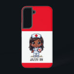 Funda Para Samsung Galaxy S22 Personalizado de pelo y ojos de enfermera marrones<br><div class="desc">Este estuche de teléfono para enfermeras presenta una linda enfermera manga negra con el pelo castaño y los ojos marrones con una gorra de enfermera y un atuendo con un nombre para personalizar y bordes rojos. Perfecto para una enfermera o un graduado de la escuela de enfermería. Imagen generada con...</div>