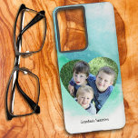 Funda Para Samsung Galaxy S21 Ultra Plantilla de acuarela verde de forma de corazón de<br><div class="desc">Este diseño presenta una foto de marcador de posición de niños en la forma cardíaca que USTED REEMPLACE con su foto favorita de miembros de la familia o de un mascota. Es posible que tengas que probar varias fotos antes de ponerte en forma de corazón. Una foto cuadrada o una...</div>